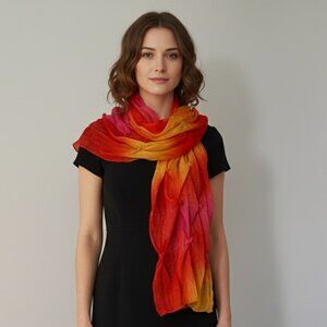 Vibrant Lightweight Rose Puckered Scarf Shawl Ombre Orange Pink